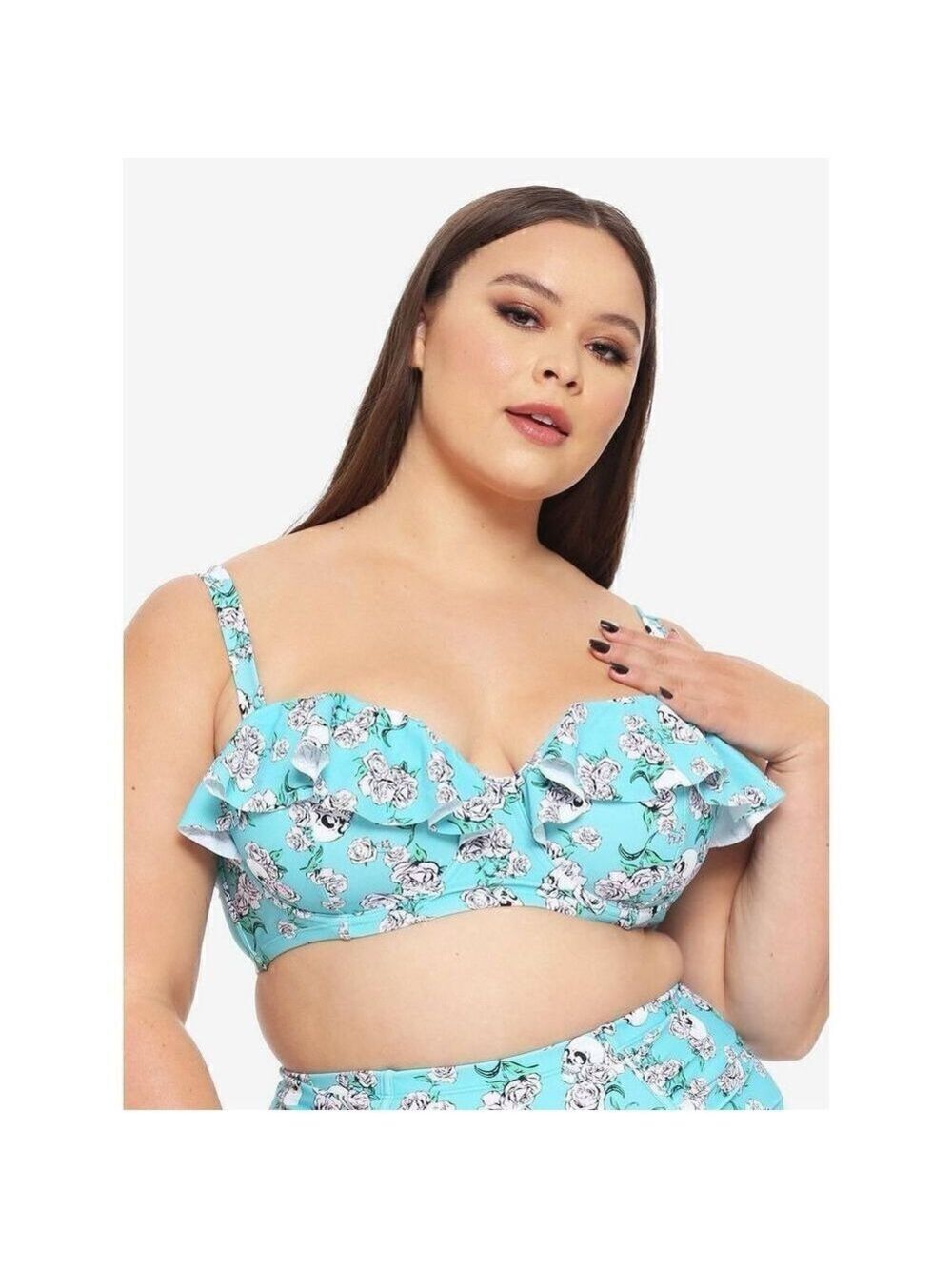 Turquoise Skull Rose Ruffle Bandeau Swim Top Plus Size 3